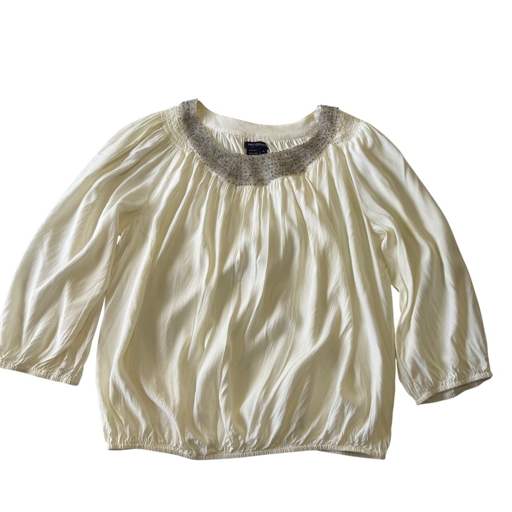 MAX EDITION Women Cream Boho Beaded Neckline Smocked Waist 3/4 Sleeve Blouse XL